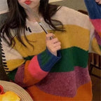Rainbow Striped Loose Pullover for Women | Streetwear