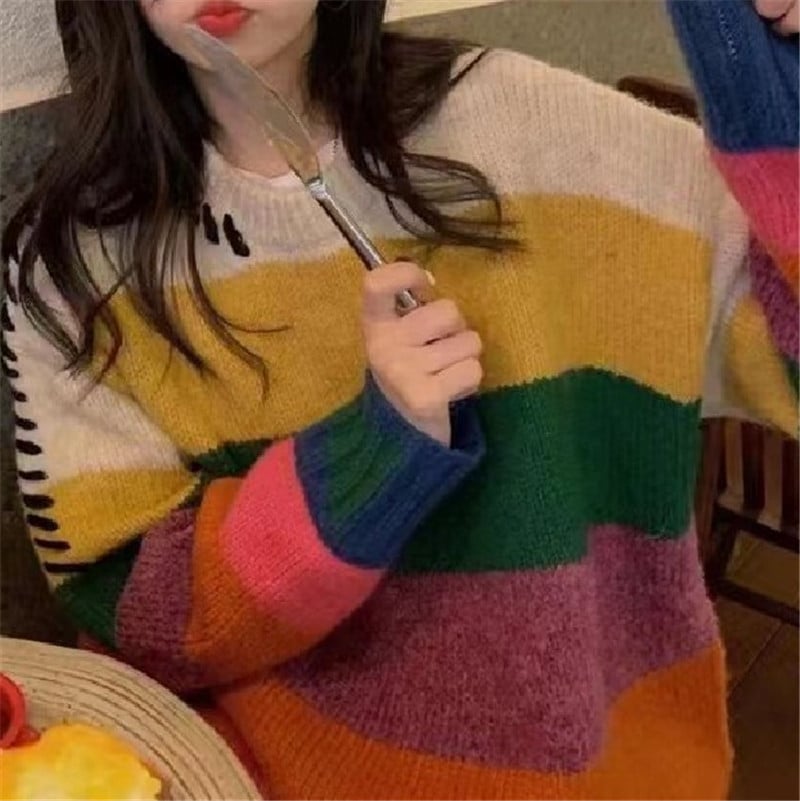 Rainbow Striped Loose Pullover for Women | Streetwear