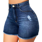 Elastic Slim Fit Ripped Fringe Denim Shorts for Women