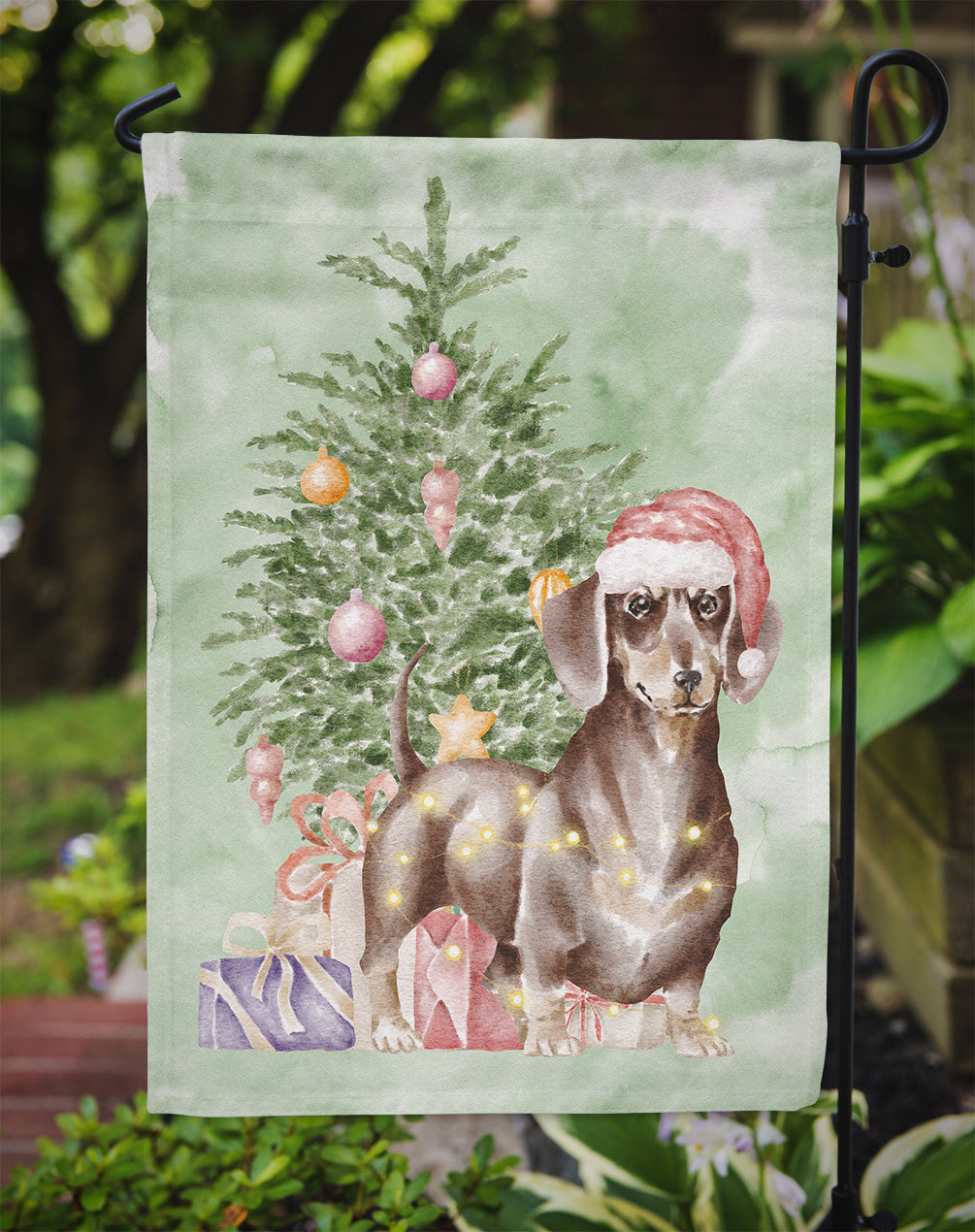 Dachshund Chocolate Tan Christmas Presents and Tree Garden Flag