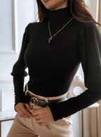 Women's High Collar Pullover Sweater with Bottom Detail | Streetwear