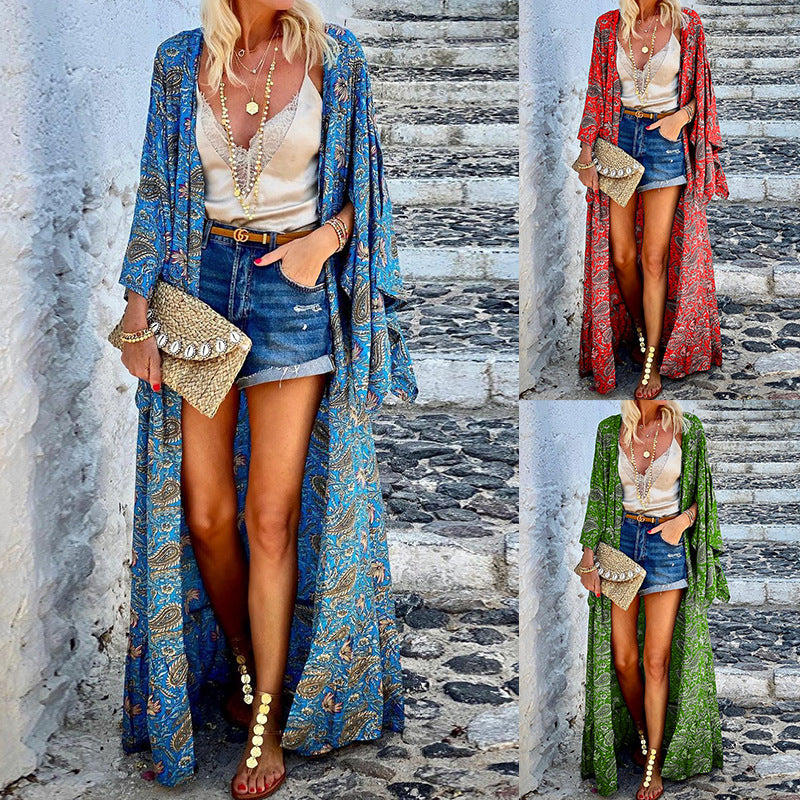 Printed Women's Loose Long Sleeve Mid-Length Coat