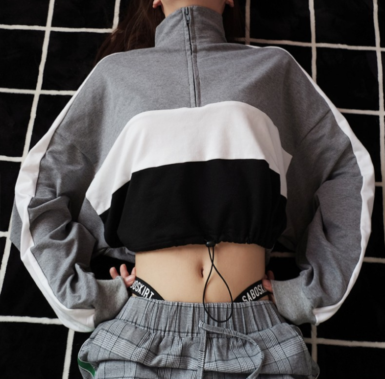 Fashionable Striped Color-Block Cropped Hoodie