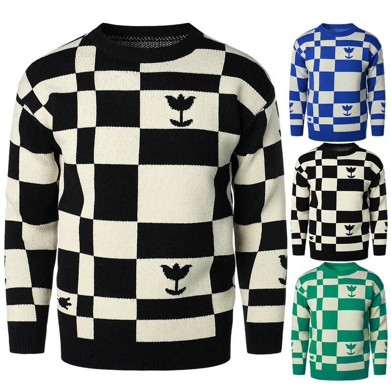Men's Casual Knit Sweater - Warm Plaid Round Neck Top