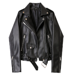 Biker Leather Jacket with Diagonal Zipper and Belt