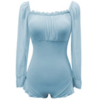 Light Blue Ribbed Long-Sleeve One-Piece Swimsuit