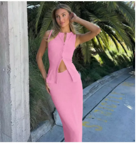 Fashion Temperament Pure Color Sunken Stripe Sleeveless Buckle Cardigan Vest Skirt Two-piece Set