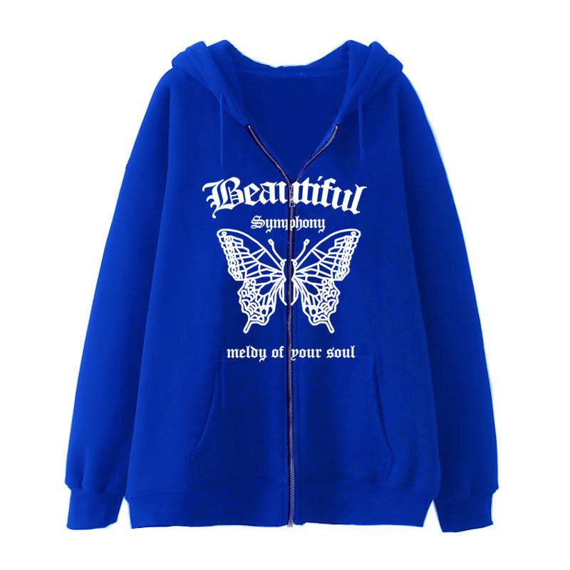 Dark Butterfly Print Zip Casual Cardigan Sweatshirt | Streetwear