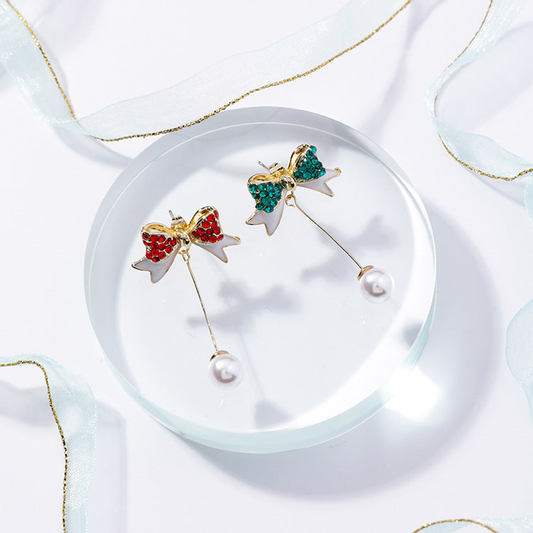 Silver Christmas Pearl Bow Earrings with Tassels