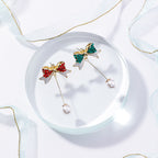 Silver Christmas Pearl Bow Earrings with Tassels