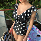 Korean Polka Dot Ruffled V-Neck One-Piece Swimsuit