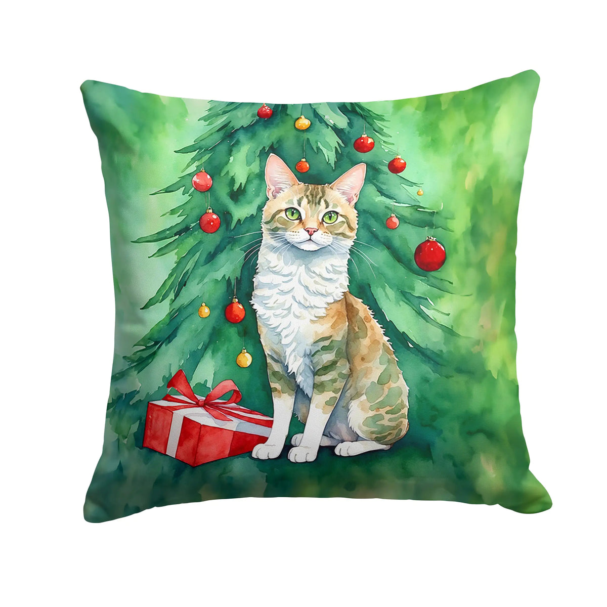 Oregon Rex Cat By the Christmas Tree Throw Pillow