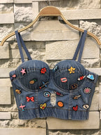 Modern Women's Denim Crop Top with Embellished Vest