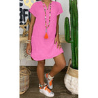 Women’s Casual V Neck Cotton Linen Mini Dress 5XL