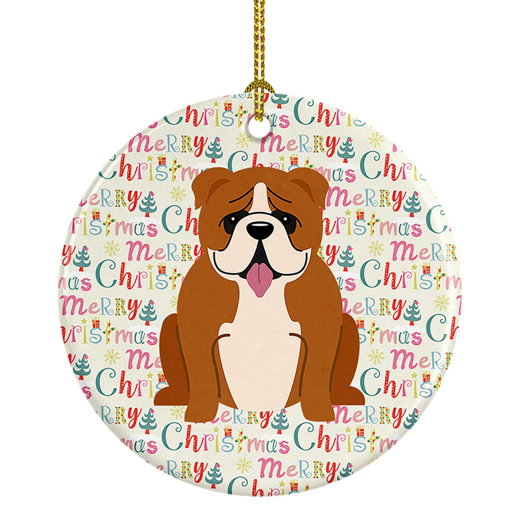 Merry Christmas English Bulldog Red White Ceramic Ornament