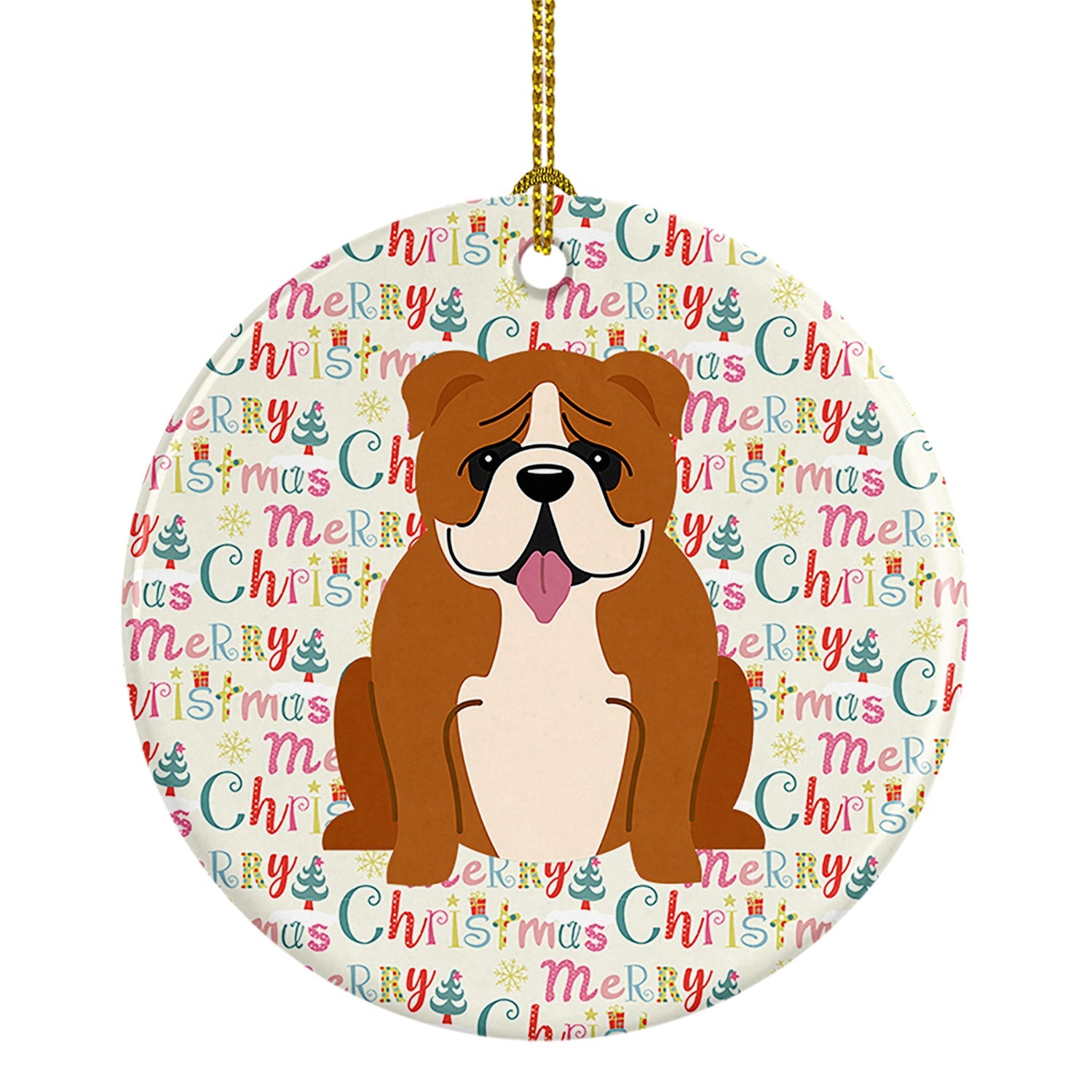 Merry Christmas English Bulldog Red White Ceramic Ornament