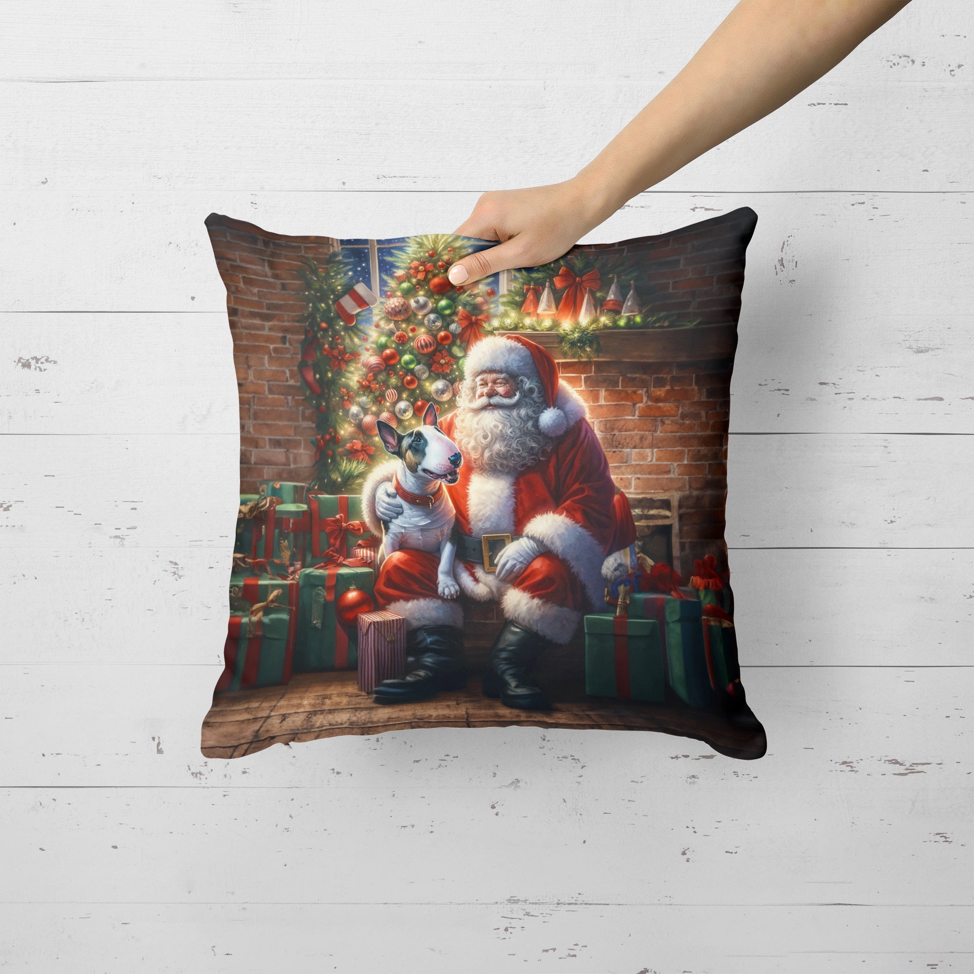 English Bull Terrier and Santa Claus Throw Pillow