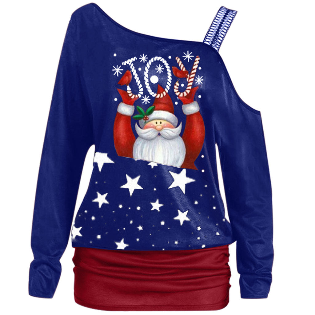 Color-Block Christmas Print One-Shoulder T-Shirt | Streetwear