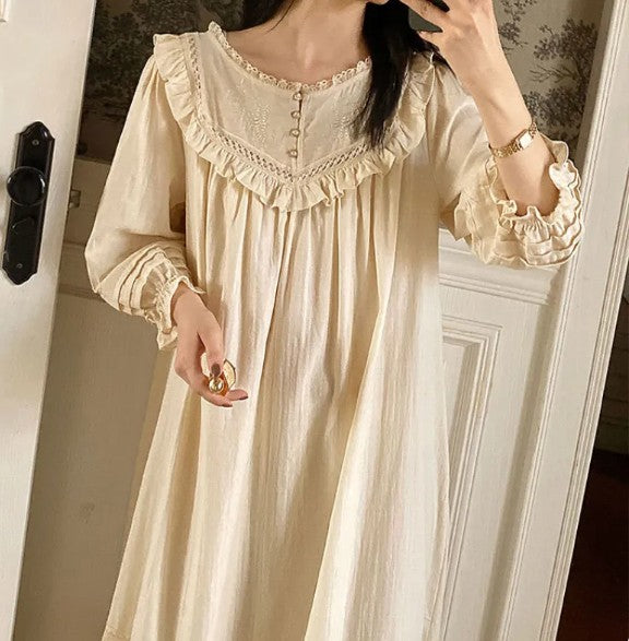 Vintage Embroidery Cotton Long Nightgown for Women