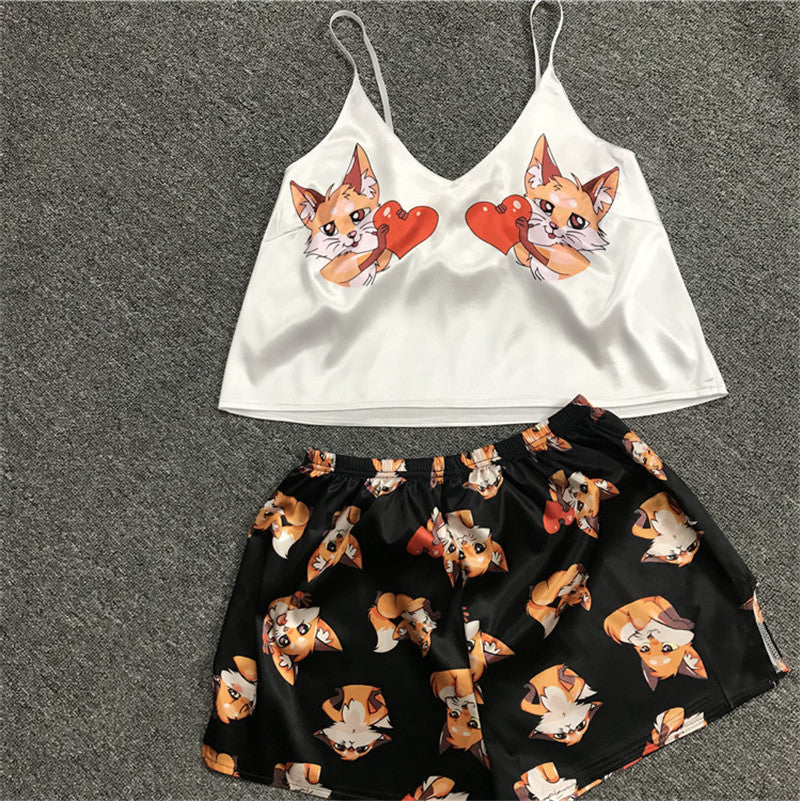 Satin Fox Print Cami and Shorts Pajama Set