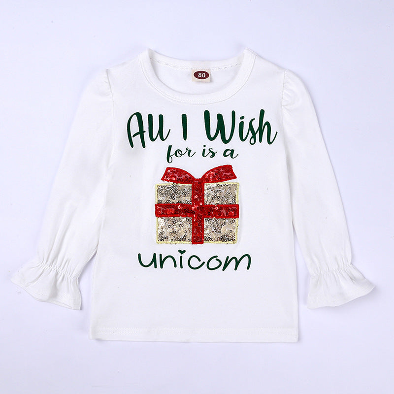 Girls' Christmas Outfit Set with Long Sleeve T-Shirt & Tulle Skirt