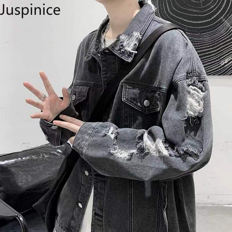 Men's Casual Oversized Ripped Denim Jacket for Spring/Fall