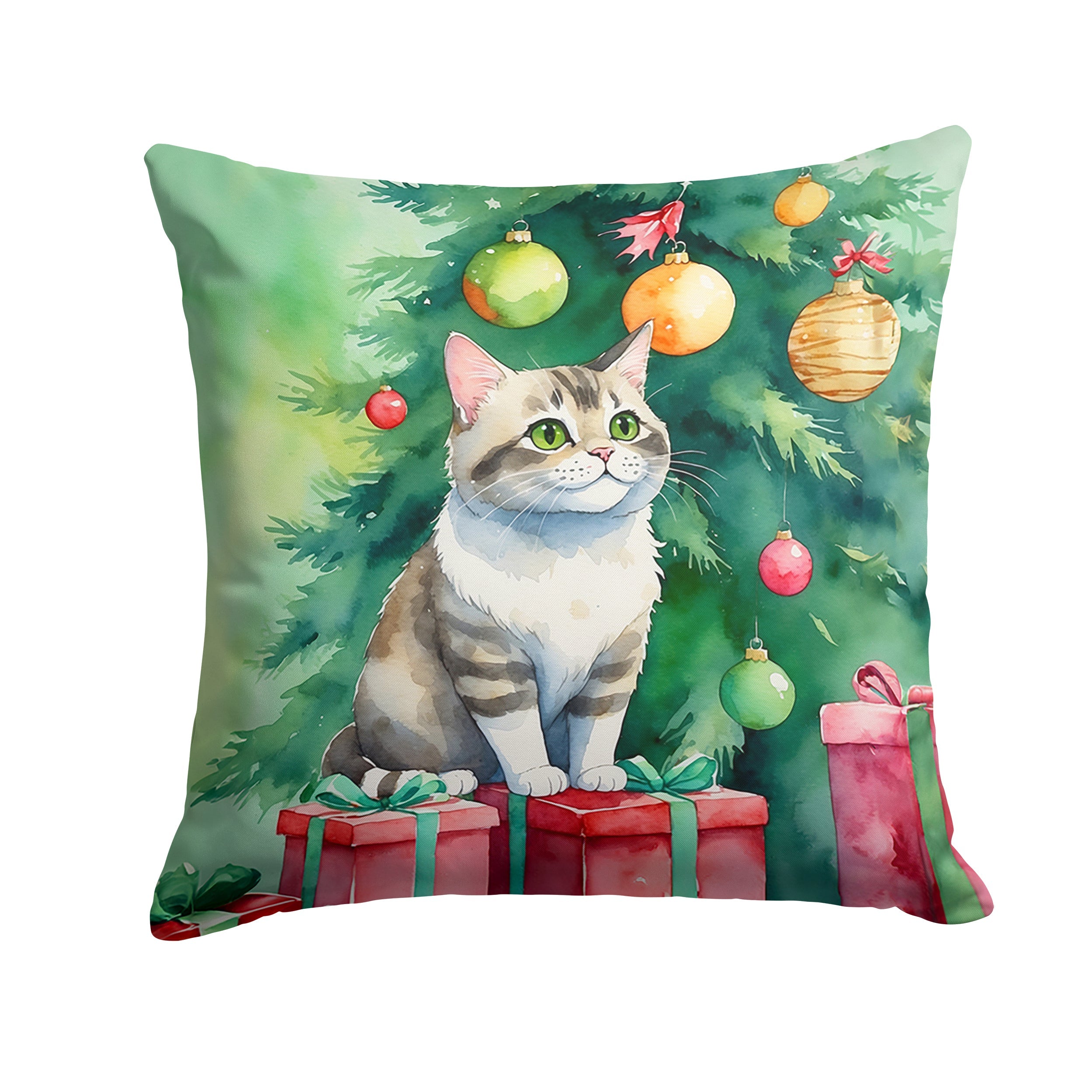 Li Hua Cat By the Christmas Tree Throw Pillow