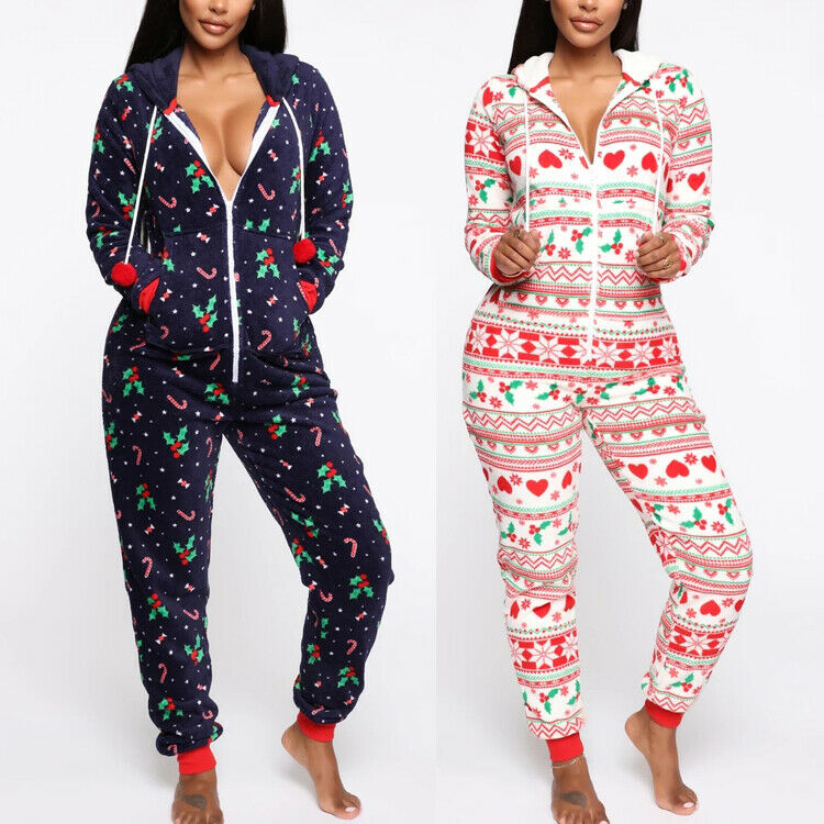 2020 Christmas Print Hooded Jumpsuit for Home Wear