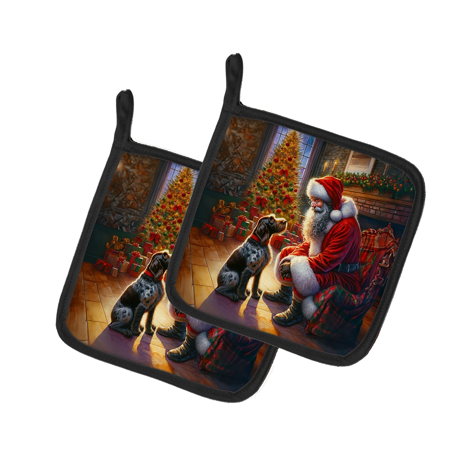 German Wirehaired Pointer and Santa Claus Pair of Pot Holders