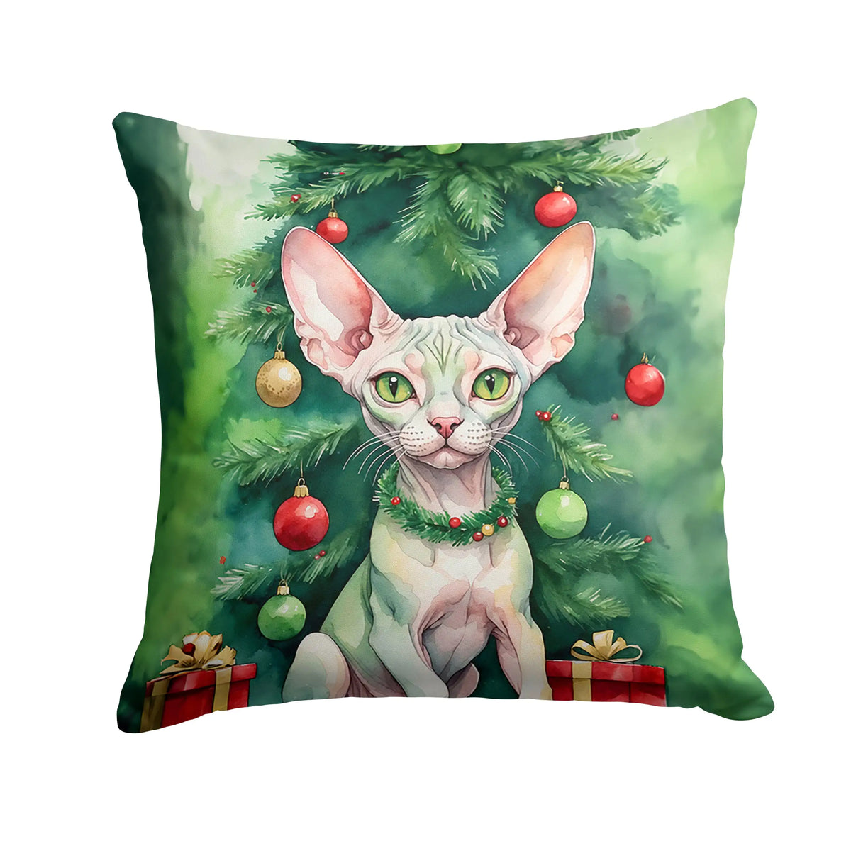 Minskin Cat By the Christmas Tree Throw Pillow