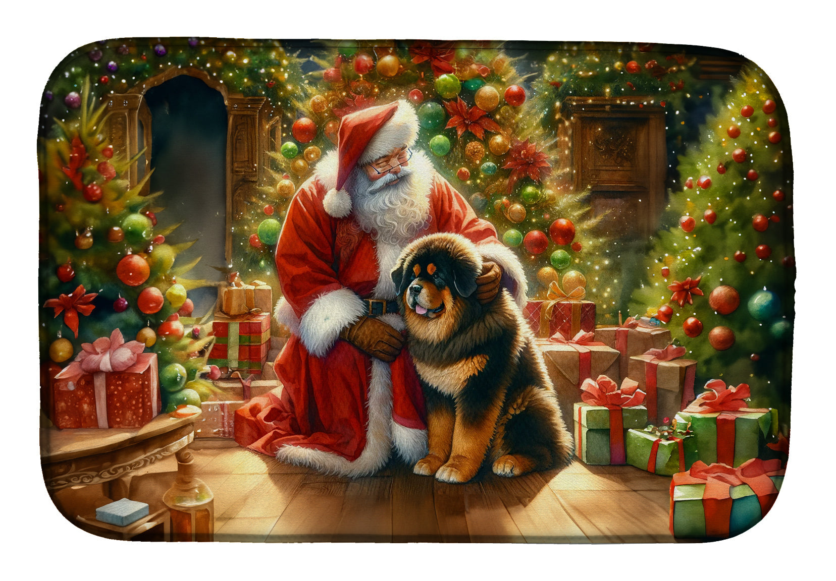 Tibetan Mastiff and Santa Claus Dish Drying Mat