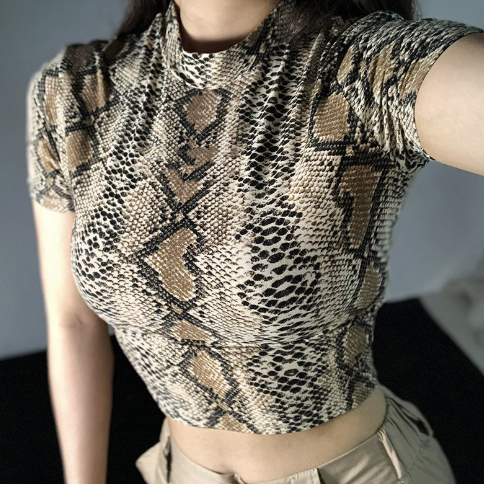 Snake Print Short Sleeve Crop Top