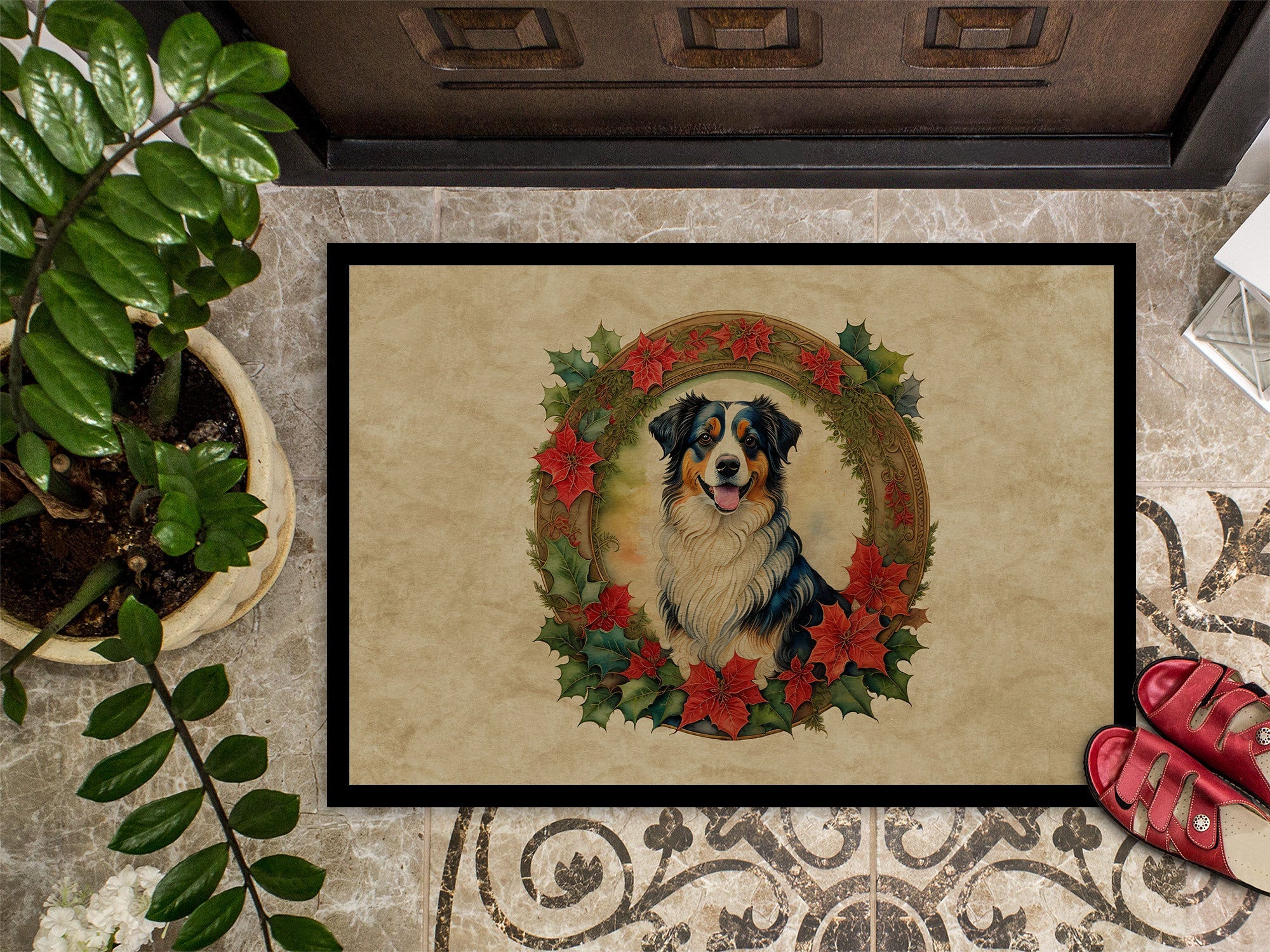 Australian Shepherd Christmas Flowers Doormat