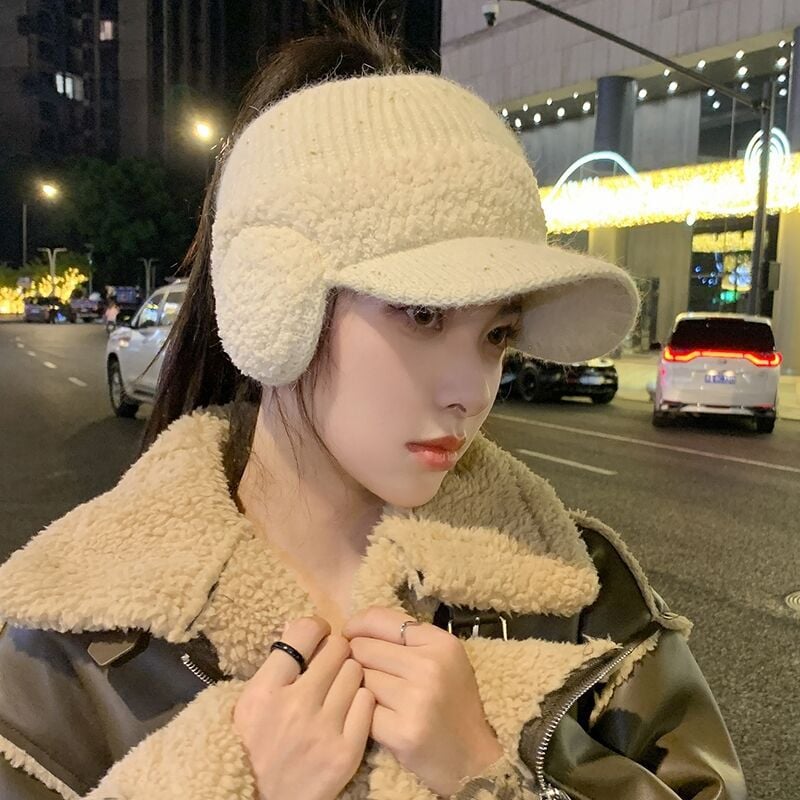 Knitted Duck Tongue Earmuffs with Velvet Wool Hat | Embroidered Cap
