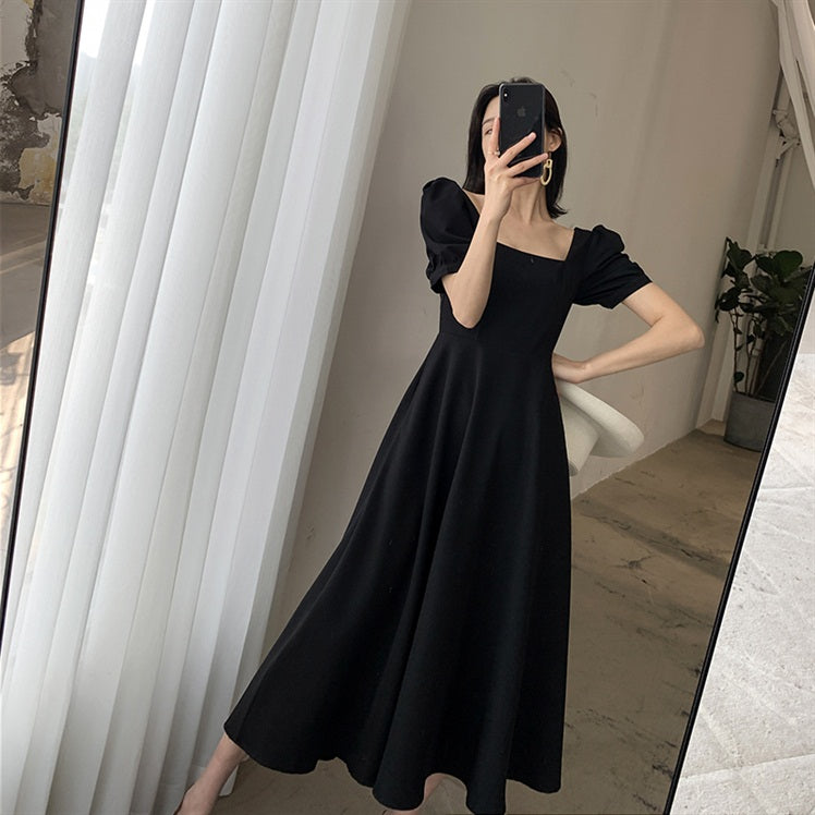 Black Dress for Women - Summer 2020, Square Neck, Puff Sleeves