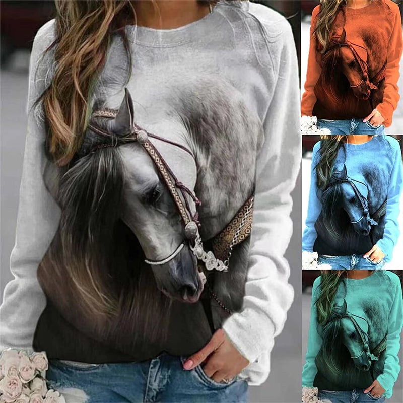 Round Neck Horse Print Long-Sleeve Hipster Sweater
