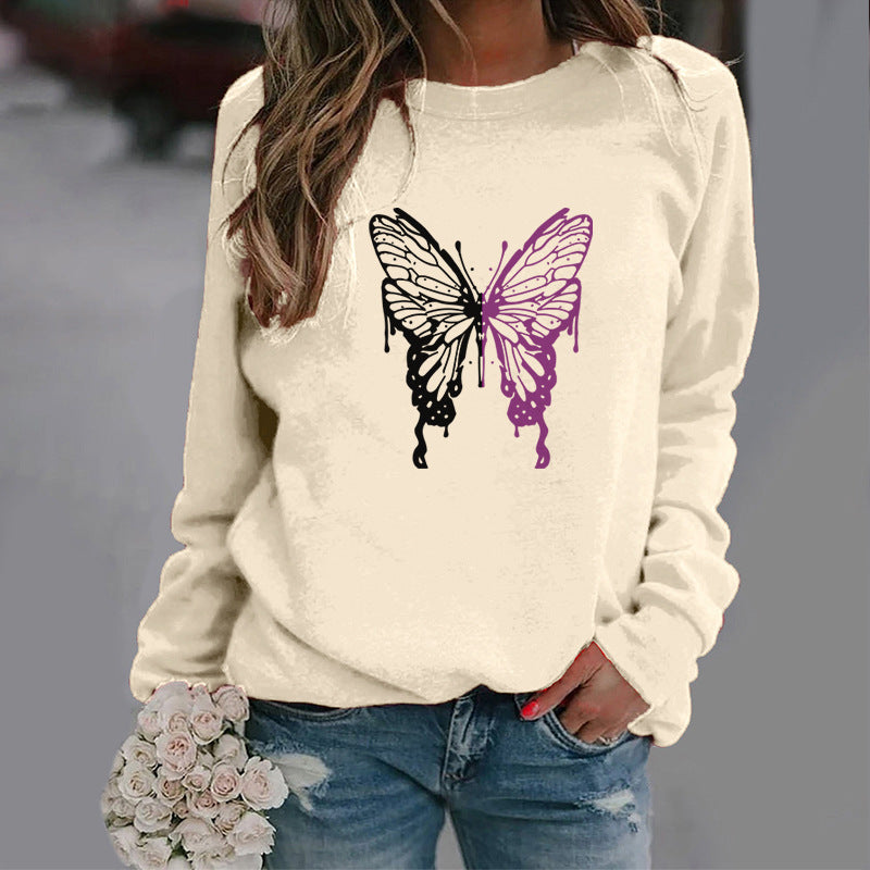 Colorful Butterfly Print Round Neck Sports Sweater