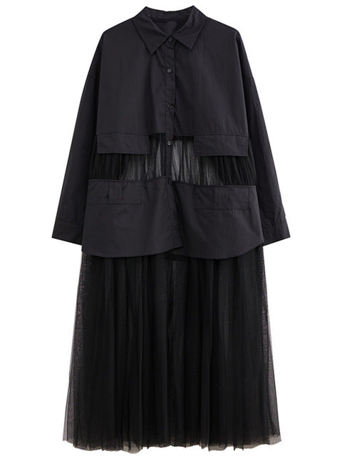 SHENGPALAE Fashion Mesh Spliced Shirt Dress for Women