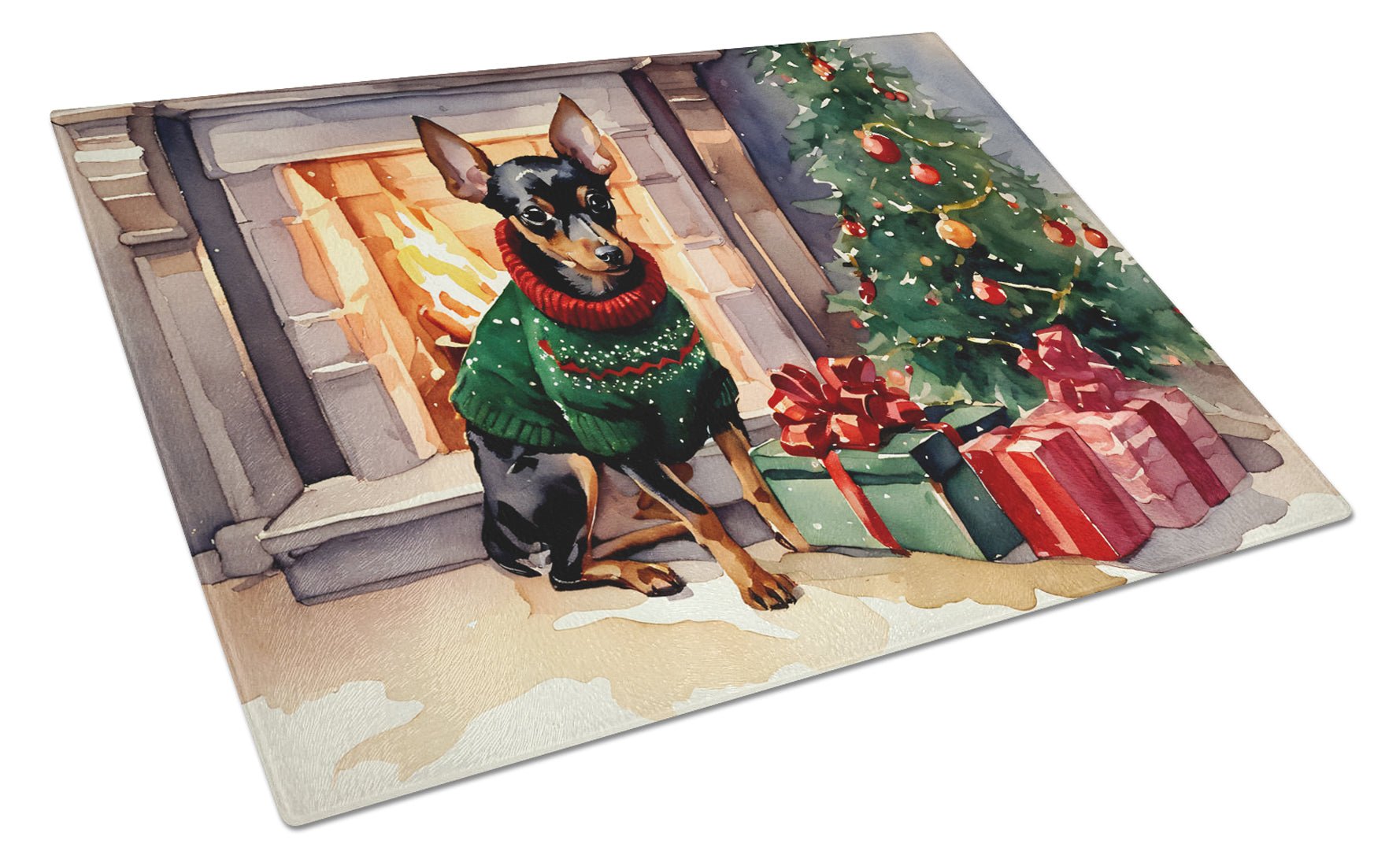 Miniature Pinscher Cozy Christmas Glass Cutting Board