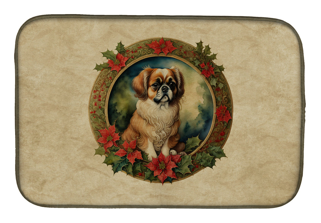 Tibetan Spaniel Christmas Flowers Dish Drying Mat