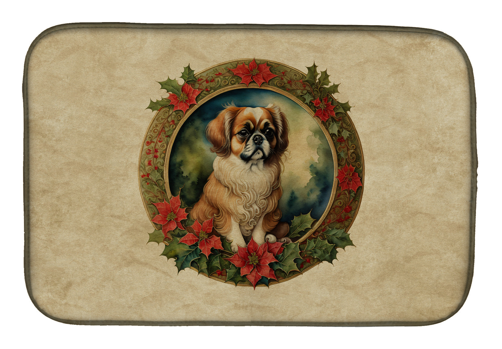 Tibetan Spaniel Christmas Flowers Dish Drying Mat