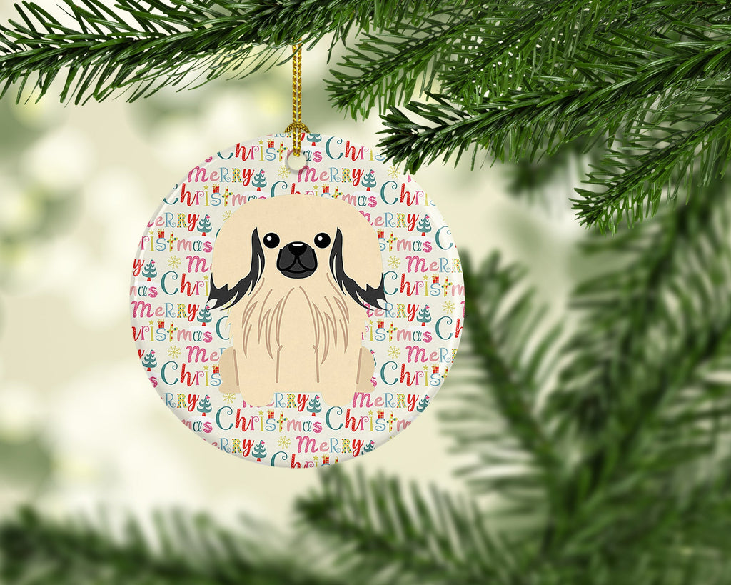 Merry Christmas Pekingese Cream Ceramic Ornament