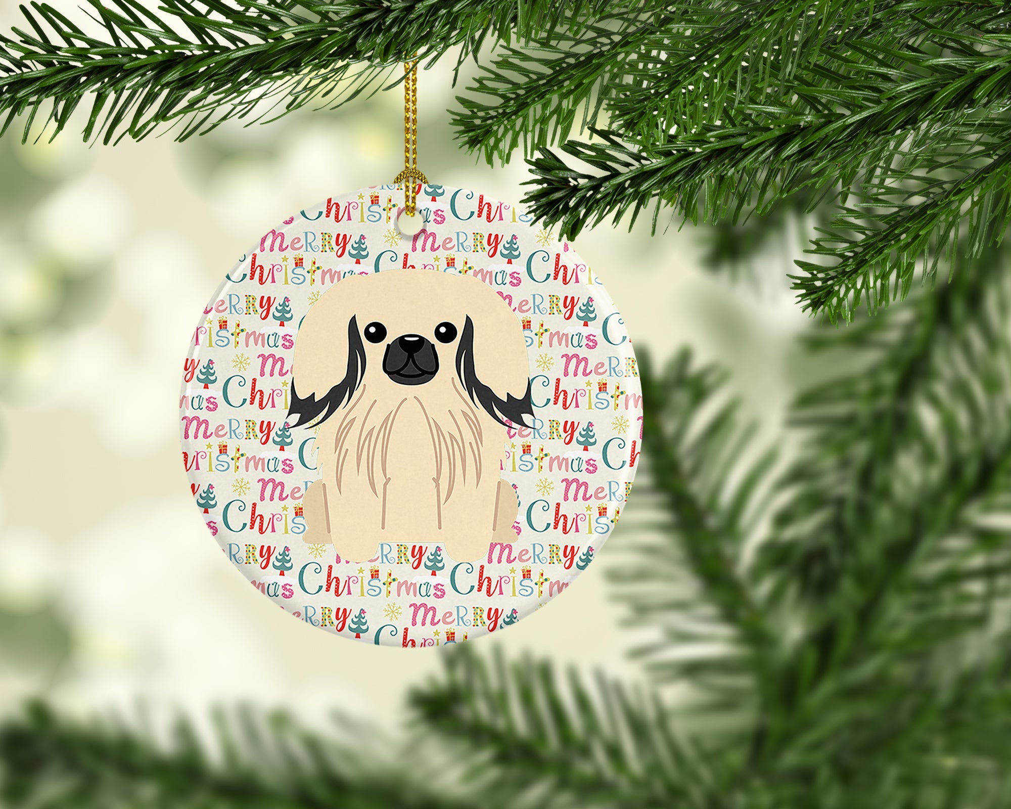 Merry Christmas Pekingese Cream Ceramic Ornament