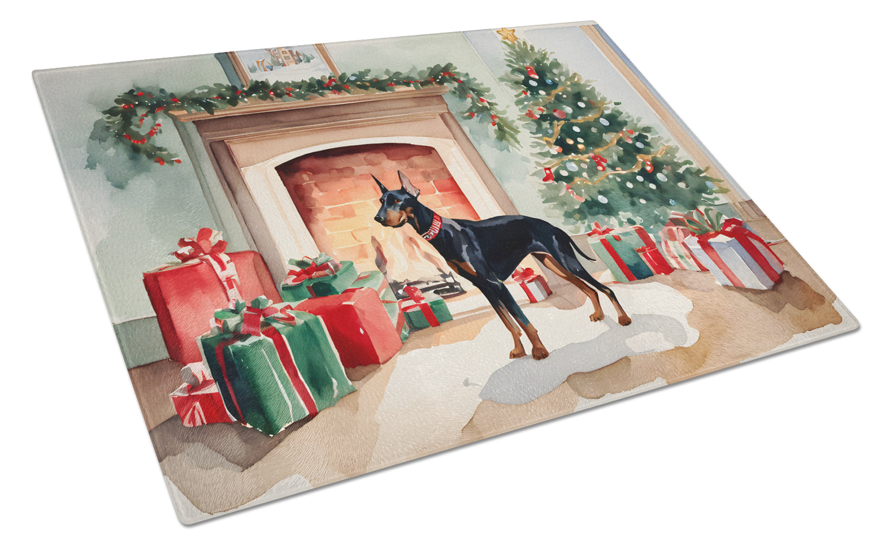 Doberman Pinscher Cozy Christmas Glass Cutting Board