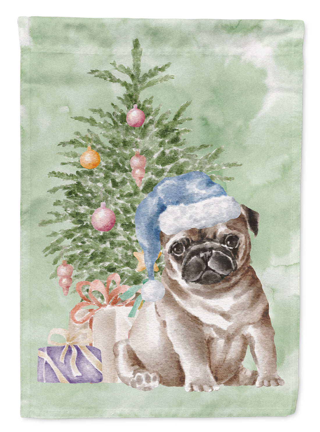 Pug Fawn Puppy Christmas Presents and Tree Garden Flag