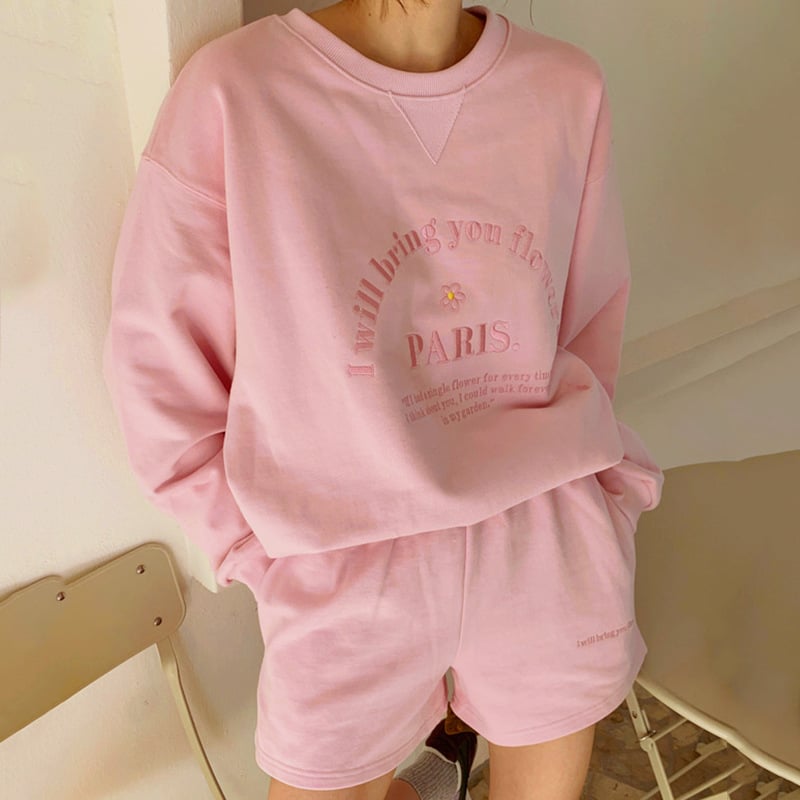 Embroidered Letter Sweater and Shorts Suit for Women