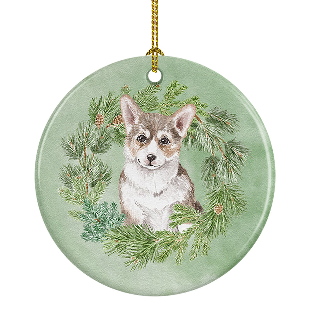 Corgi Puppy Sable Christmas Wreath Ceramic Ornament