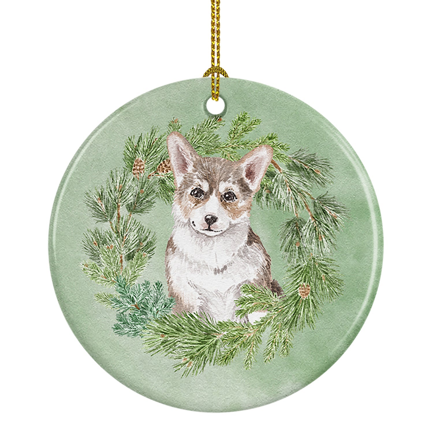 Corgi Puppy Sable Christmas Wreath Ceramic Ornament