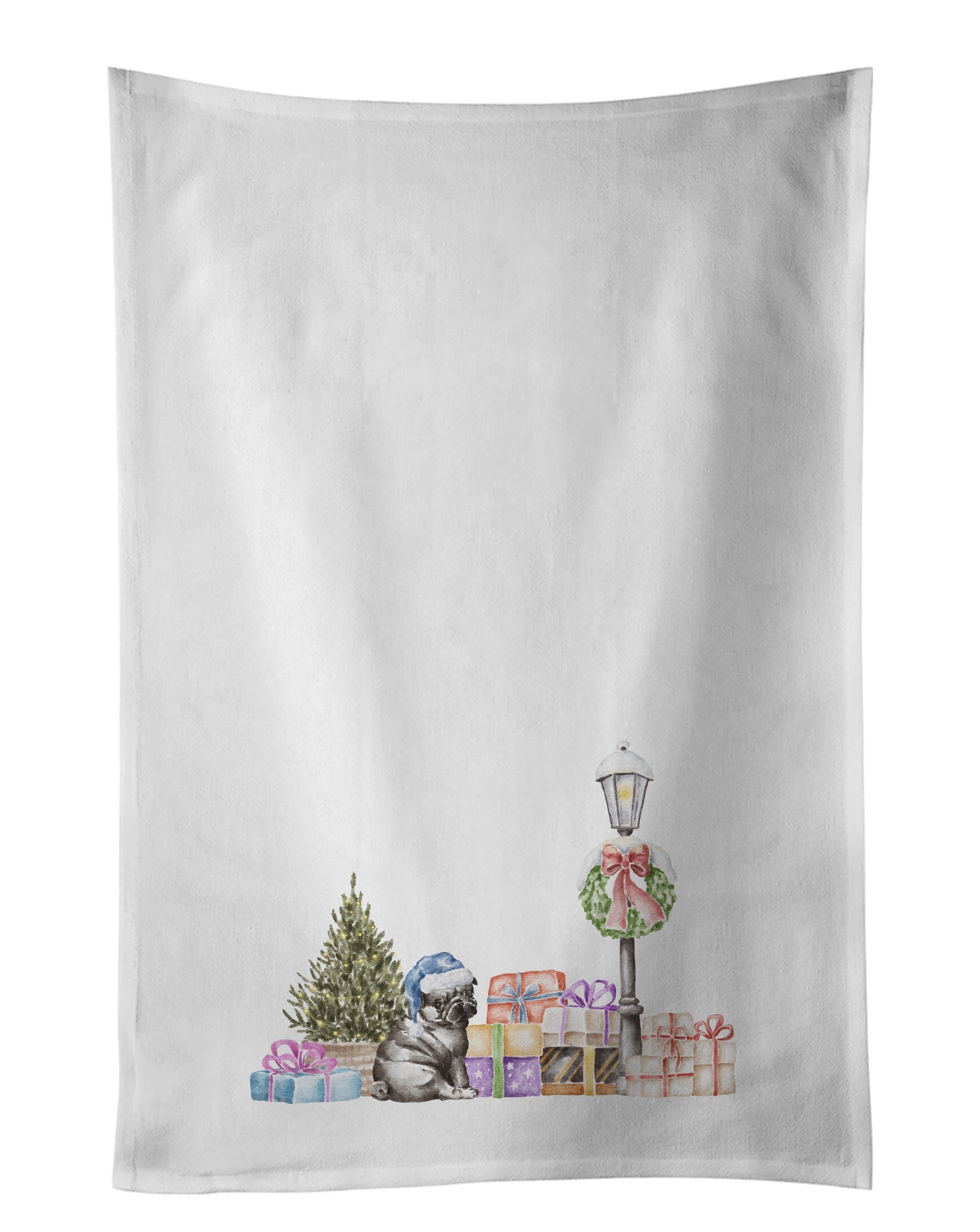 Pug Puppy Black with Christmas Wonderland Kitchen Towel Set of 2