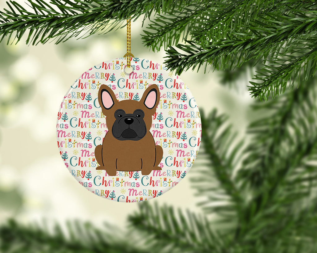 Merry Christmas French Bulldog Brown Ceramic Ornament